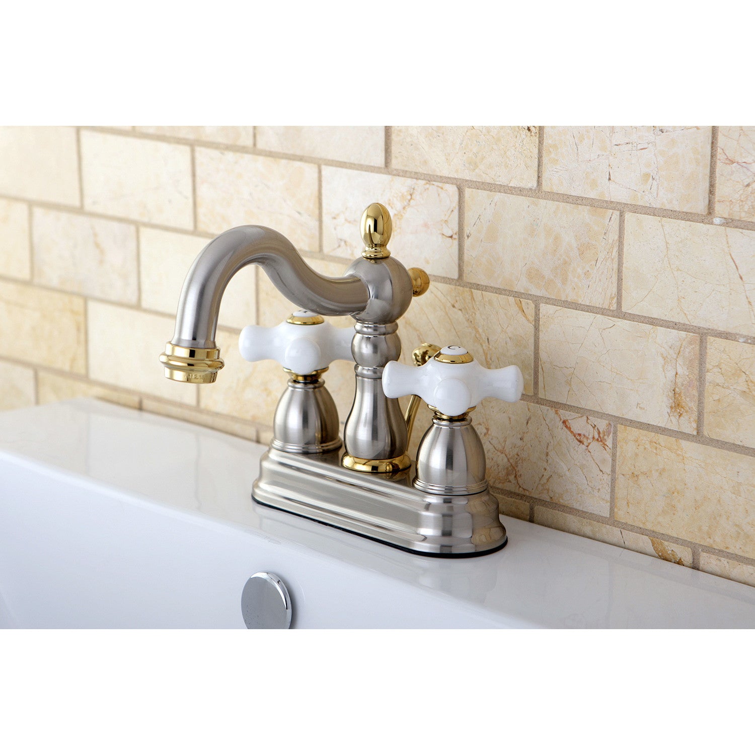 Kingston Heirloom KB1609PX - Heritage Double-Handle 3-Hole Deck Mount 4-Inch Centerset Bathroom Faucet with Pop-Up Drain, Brushed Nickel/Polished Brass — thumbnail 2